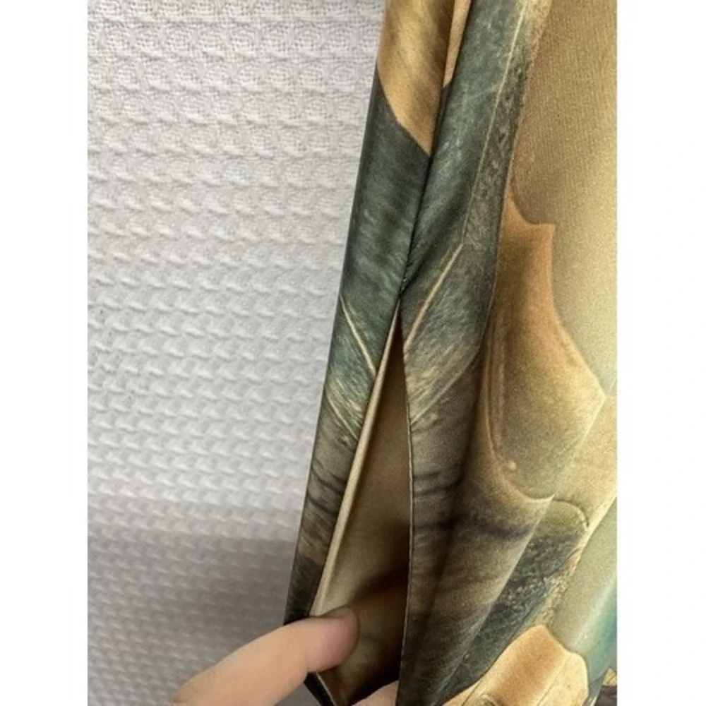 Metalicus Beige Asian Inspired Sateen Art Floral Midi‎ Shift Dress Women L China